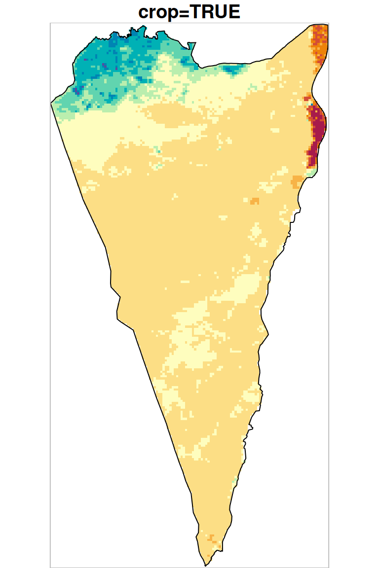 Cropping and masking (left, the default) vs. masking (right), raster extent is shown in grey