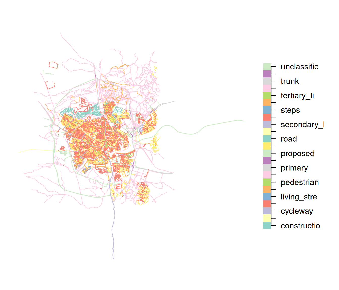 Beer-Sheva road types map, using data downloaded from OpenStreetMap (OSM)